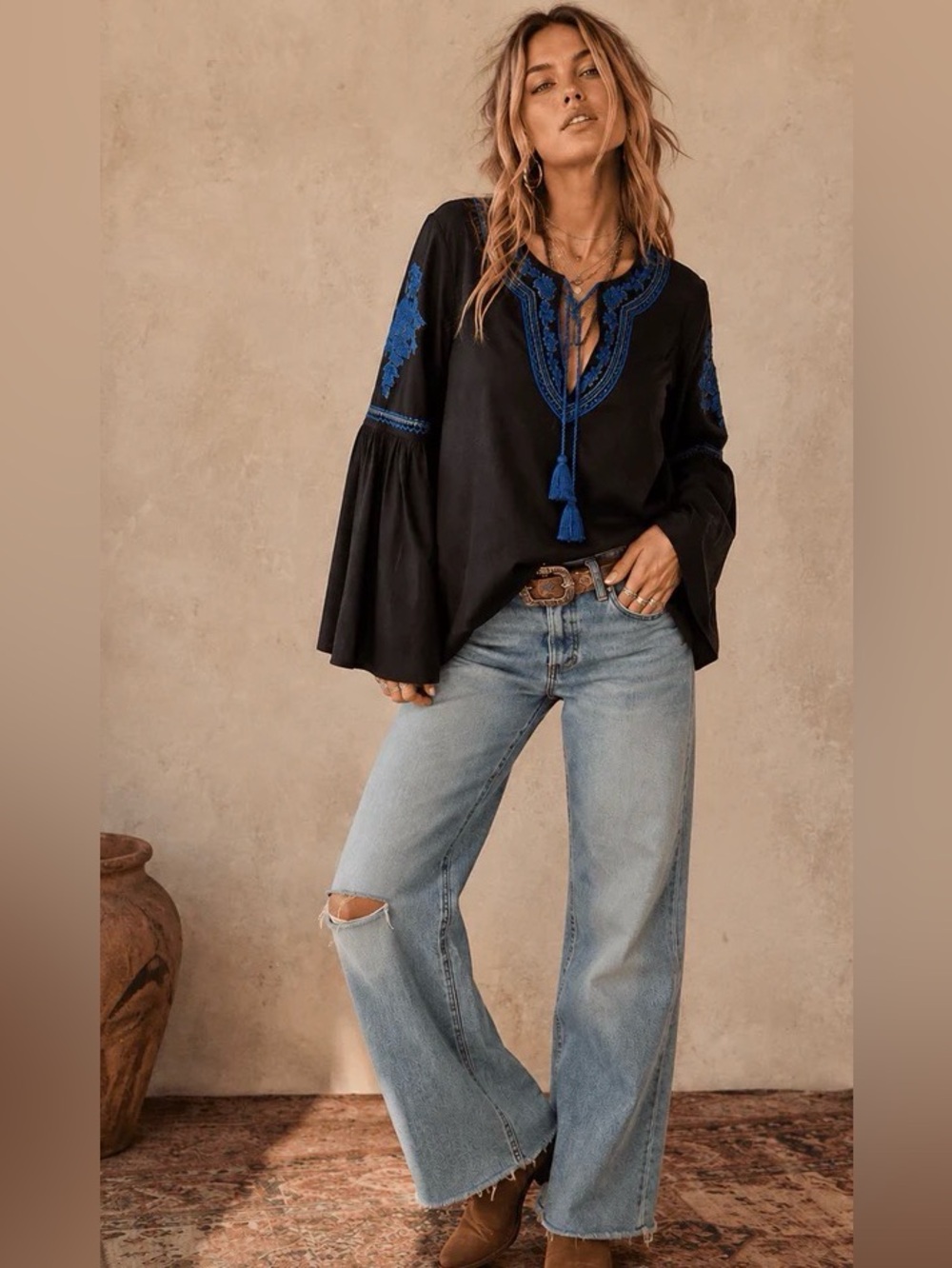 0274.  Black Peasant Blouse with Blue Embroidery